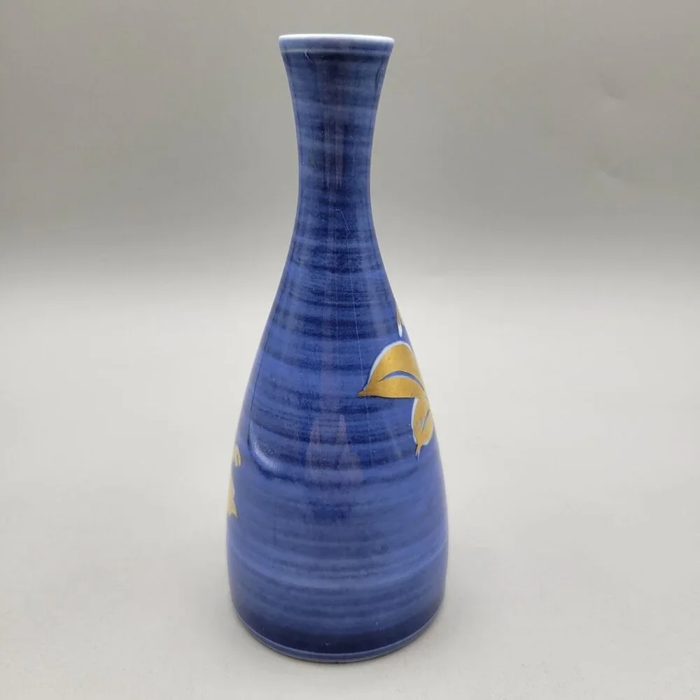 Japanese Porcelain Bud Vase Blue With Gold Floral Design